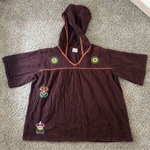 Sacred Threads Brown Embroidered Hood Garment Orange Trim Stitch Womens Size XL